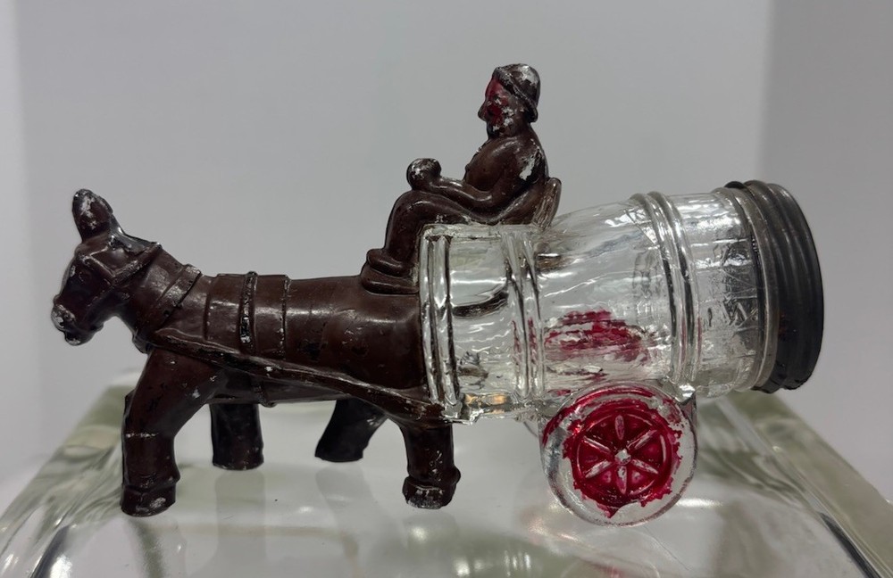 Glass CandyContainer Donkey Pulling Wagon with barrel 1930’s Victory Glass