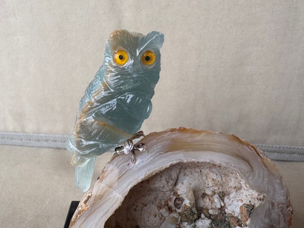 Blue Calcite Owl on Geode 4 1/4 " -Peter Muller