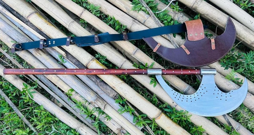 Custom Handmade Blade Large Bardiche Pole Axe Blunt Axe, With Leather Sheath