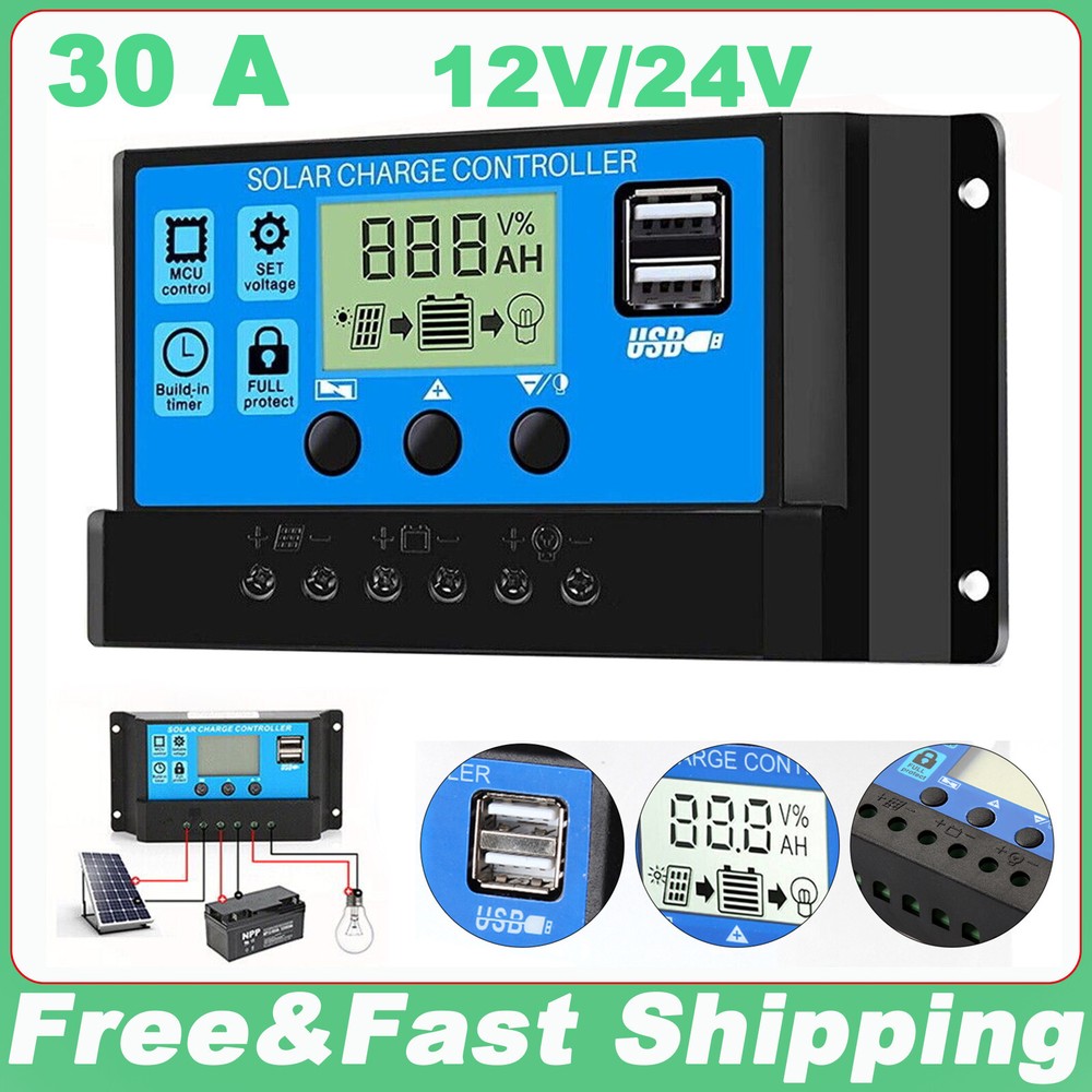 30A Solar Panel Battery Charge Controller 12V/24V LCD Regulator Auto Dual USB US