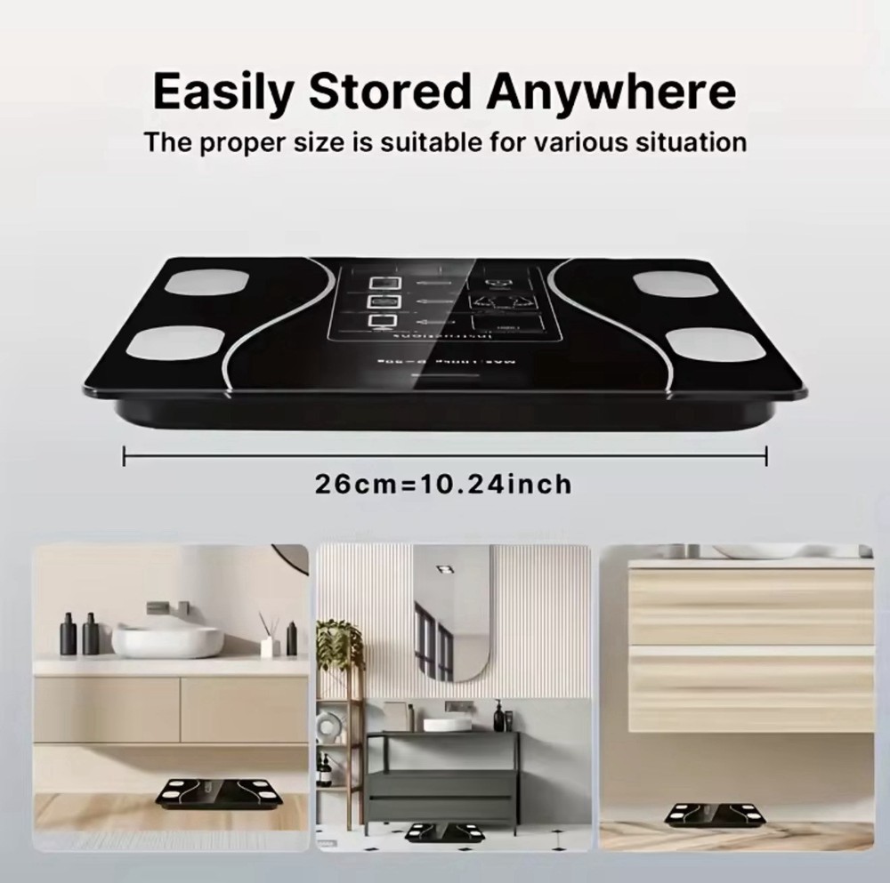 Black Digital Smart Body Analyzing Bathroom Scale Glass Modern USB Charging