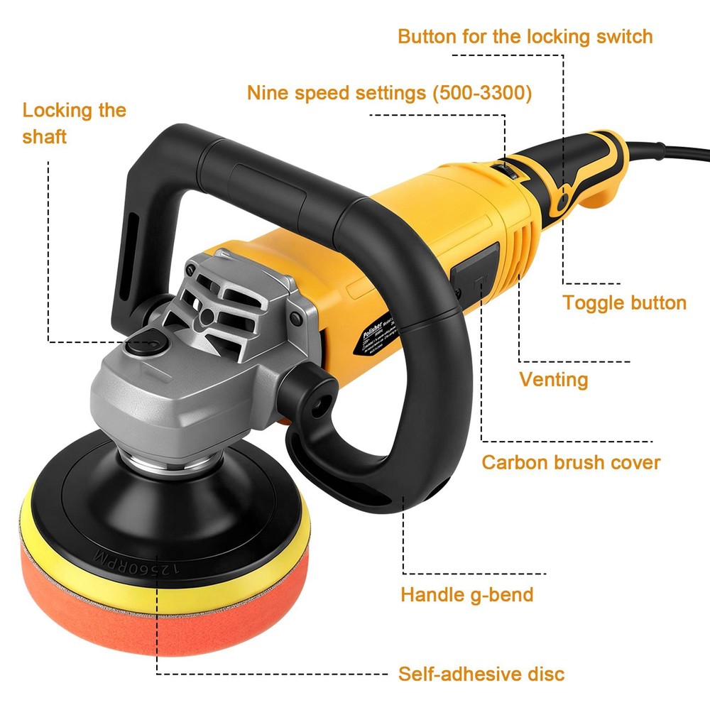 2000W Car Polisher Buffer Sander Variable 7-Speed Wax Machine Sponge Pads Kit