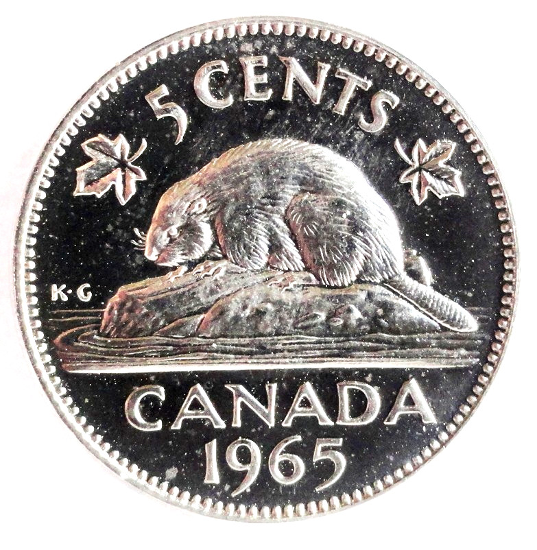 1965 CANADA 5 CENTS, SMALL BEADS