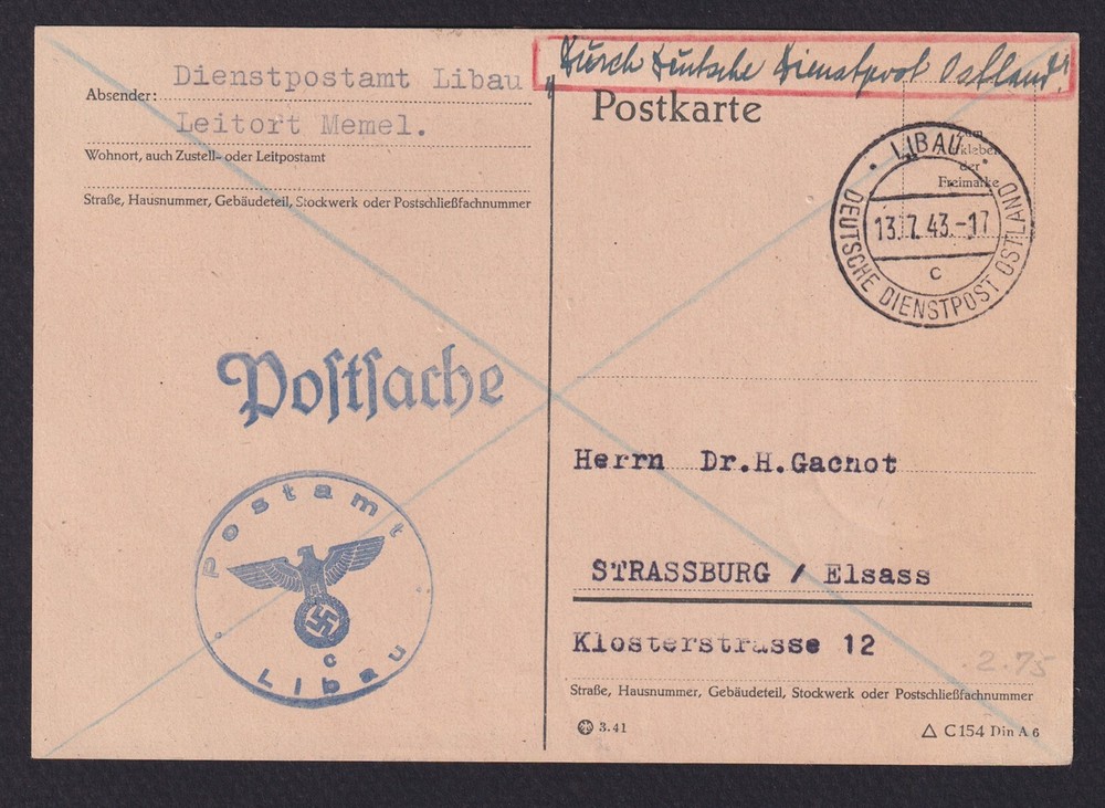 LATVIA 1943, Service postcard from Libau, WWII