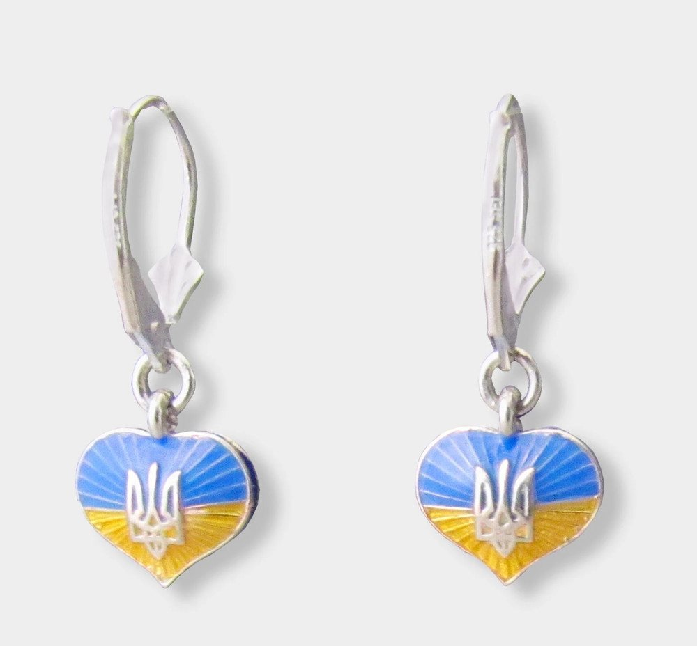 Silver Ukrainian Trident Тризуб in Heart Earrings, Drop Dangle,Snap Closure, 1"