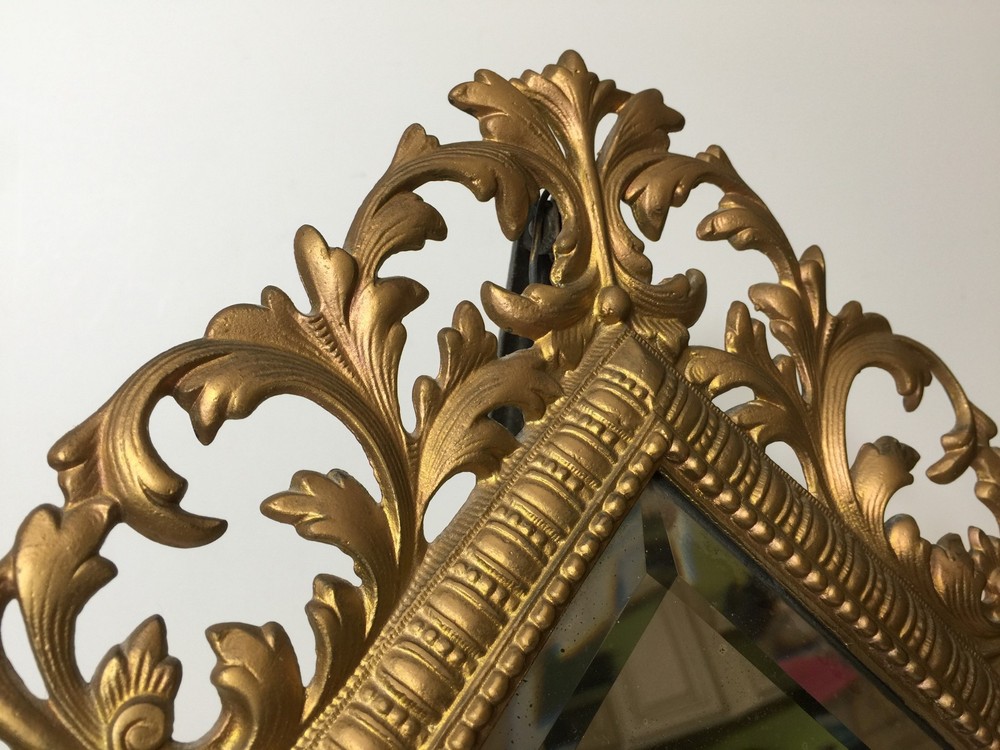Large Antique Victorian Diamond Shape Cast Iron Rococco Easel Back Frame Mirror