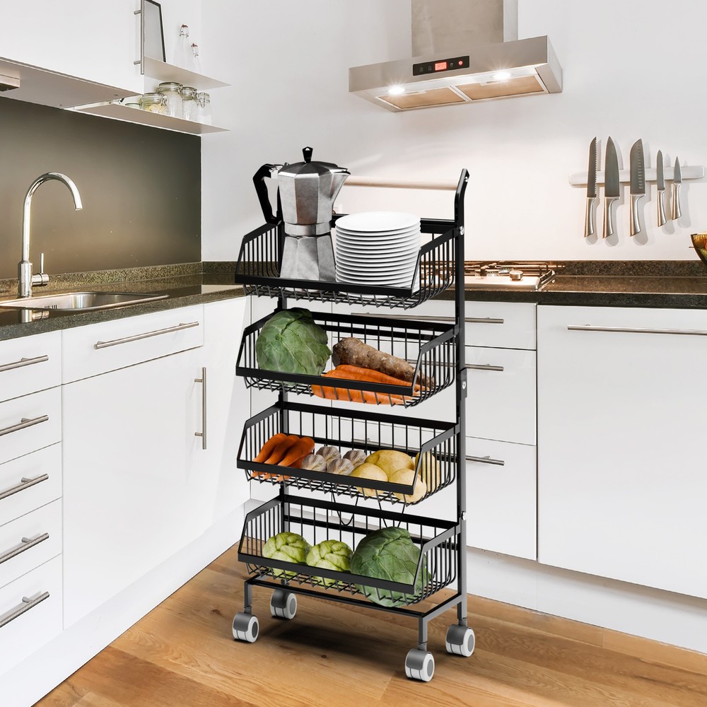 4 Tiers Kitchen Trolley Rack Utility Rolling Storage Cart Fruit Vegetable Shelf
