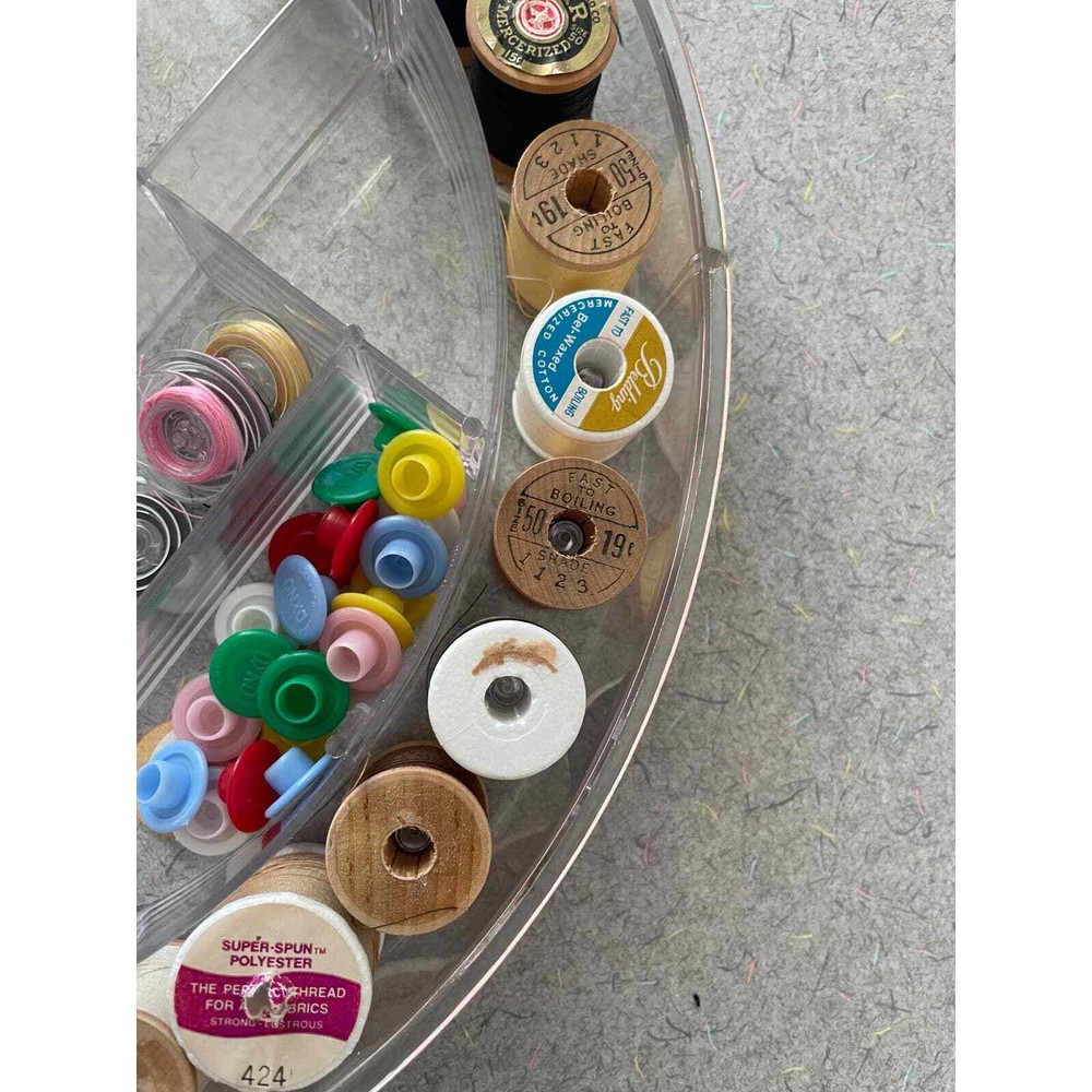 Vintage round sewing caddy with extras