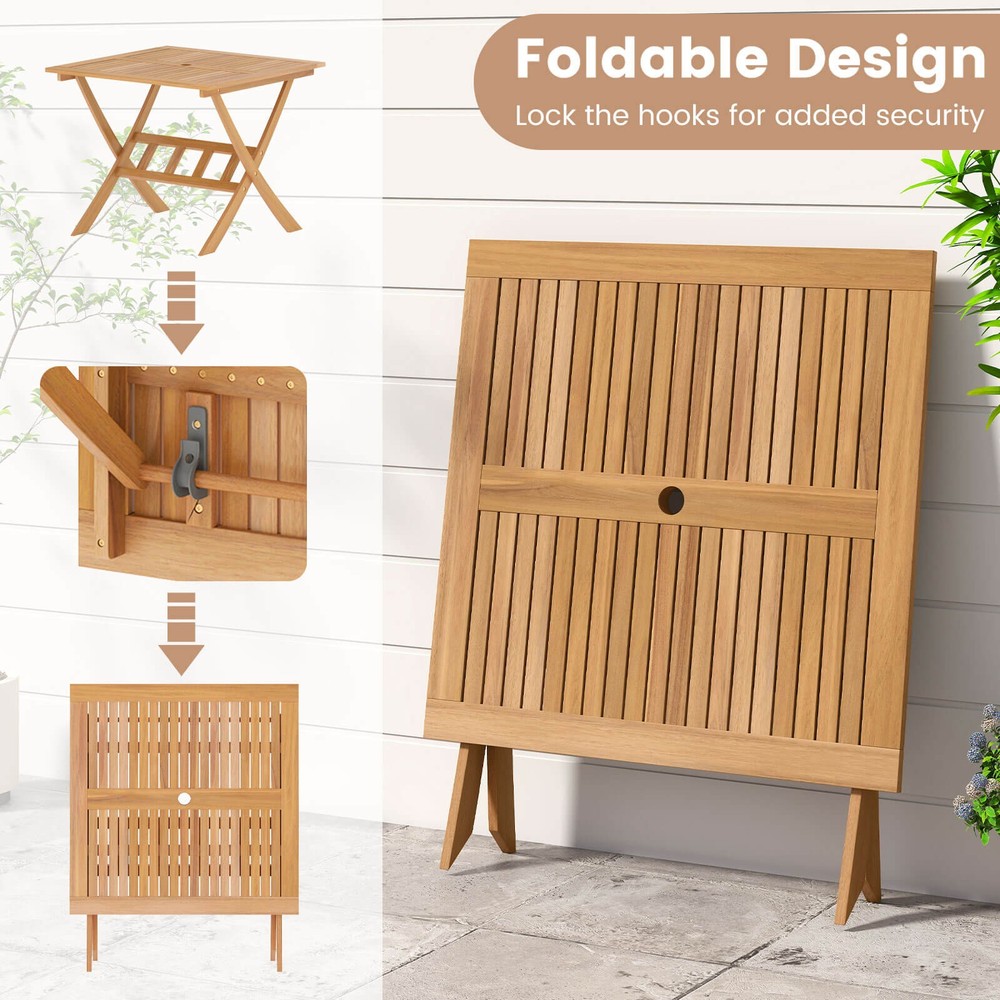 Acacia Wood Folding Table 36" Patio Dining Table with Slatted Tabletop