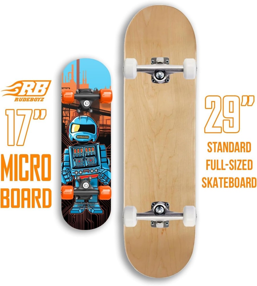Beginner-Friendly 17" Skateboard with ABEC 7 Bearings, Ages 2-5, Robot Design