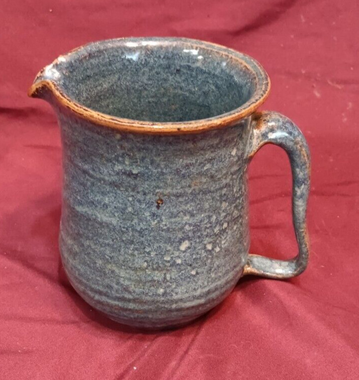 Vintage Hand Made Blue Ceramic Pottery Small Pitcher