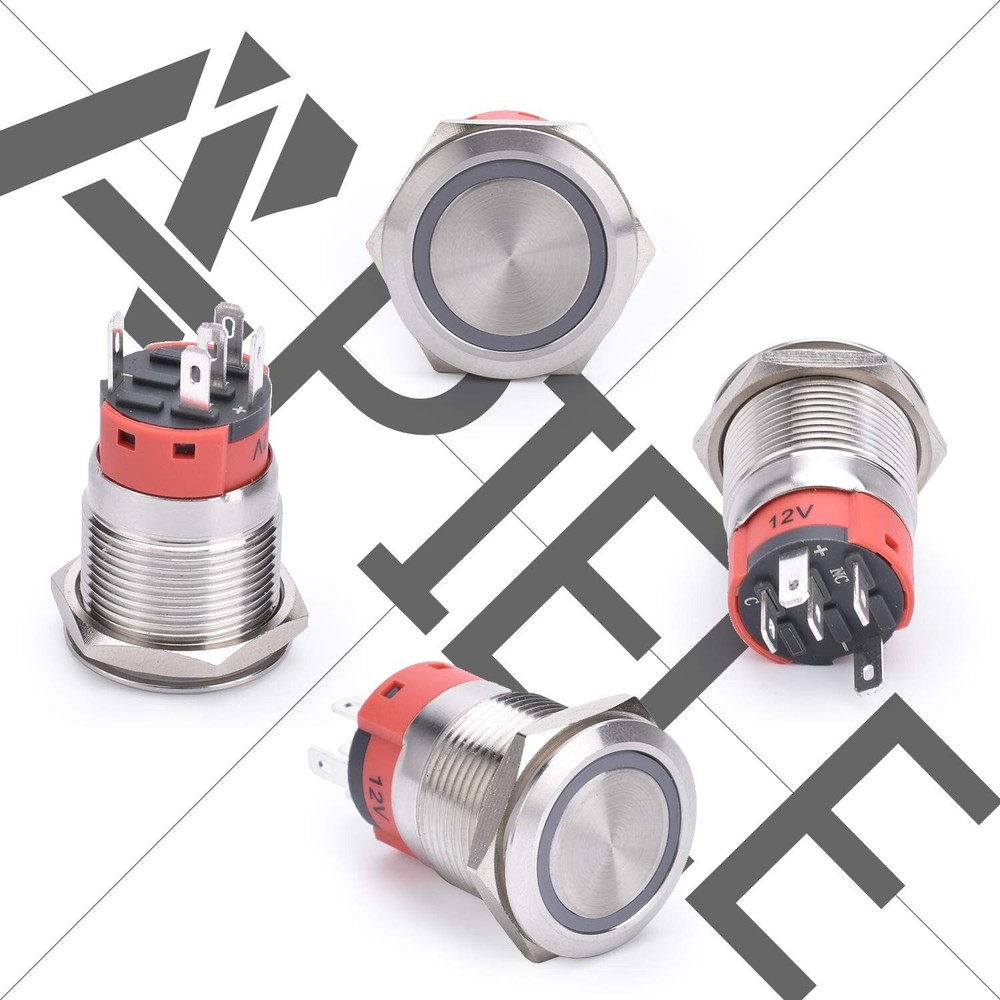 LED-Powered 19mm Latching Push Button Switch - SPDT, Waterproof, 6 Pack