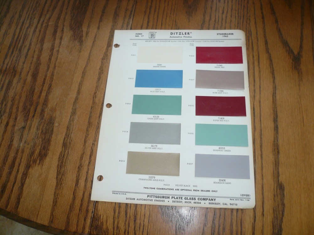 1963 Studebaker Ditzler Color Chip Paint Sample - Vintage