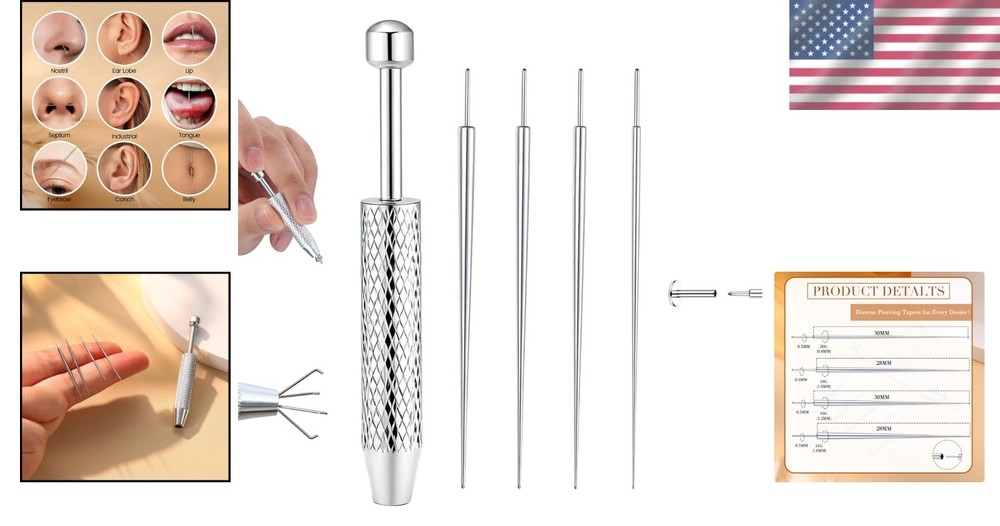 Body Piercing Kit with Threadless Insertion Pin and Grabber Tool for Flat Backs