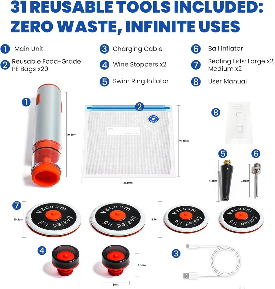 Handheld Multi-Function Vacuum Sealer for Kitchen Use Includes 20 Bags & 4 Lids