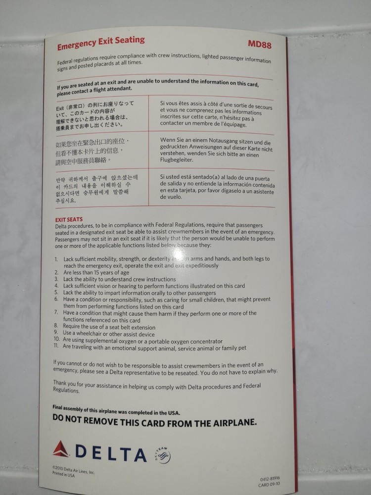 Delta Airlines MD-88 Safety Card