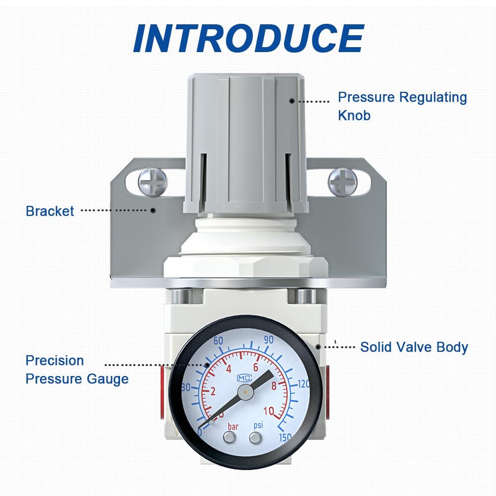 1/4" NPT Air Pressure RegulatorCompressed Air SystemMini Air Regulator AR2000...