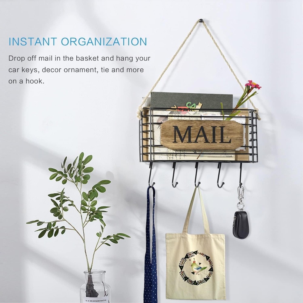 Rustic Wall-Mounted Mail Organizer & Key Holder - Carbonized Black Charm