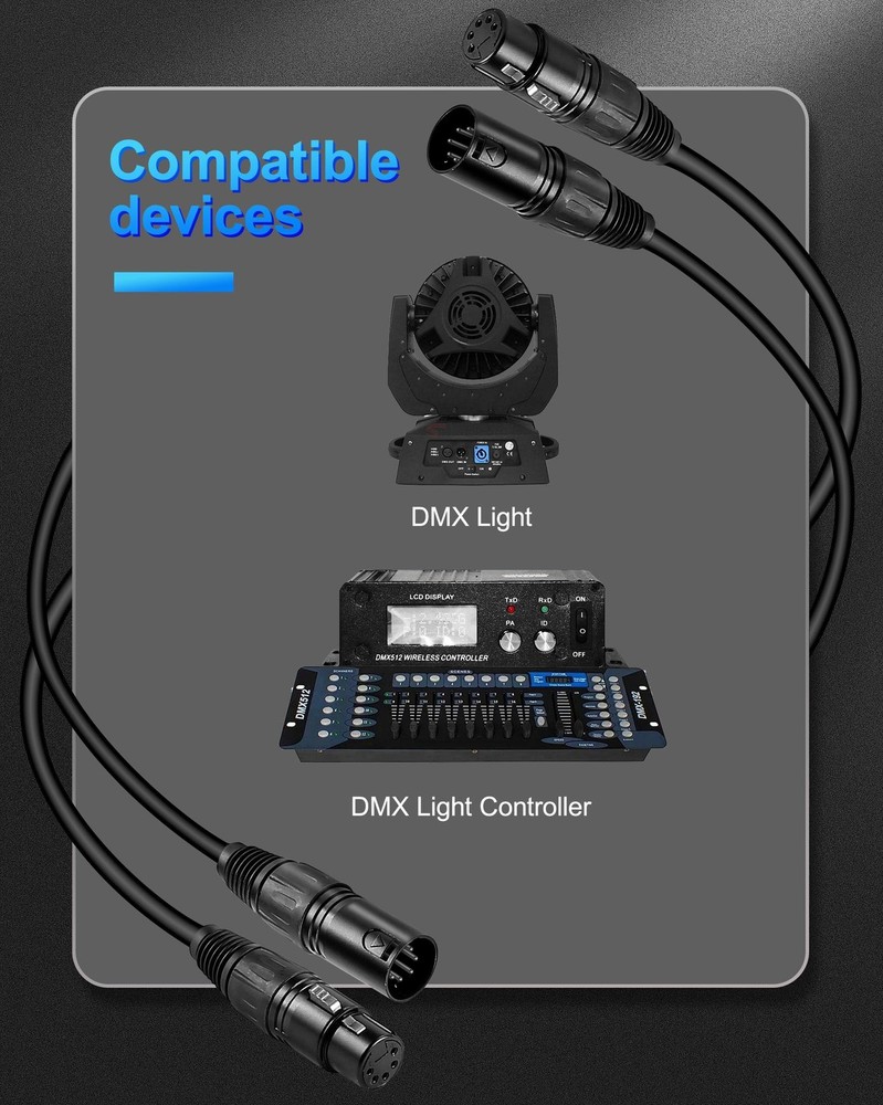 2 Pack 10FT 5 Pin DMX Cable, 3 Conductors, Stage Lighting, Controller, Wire