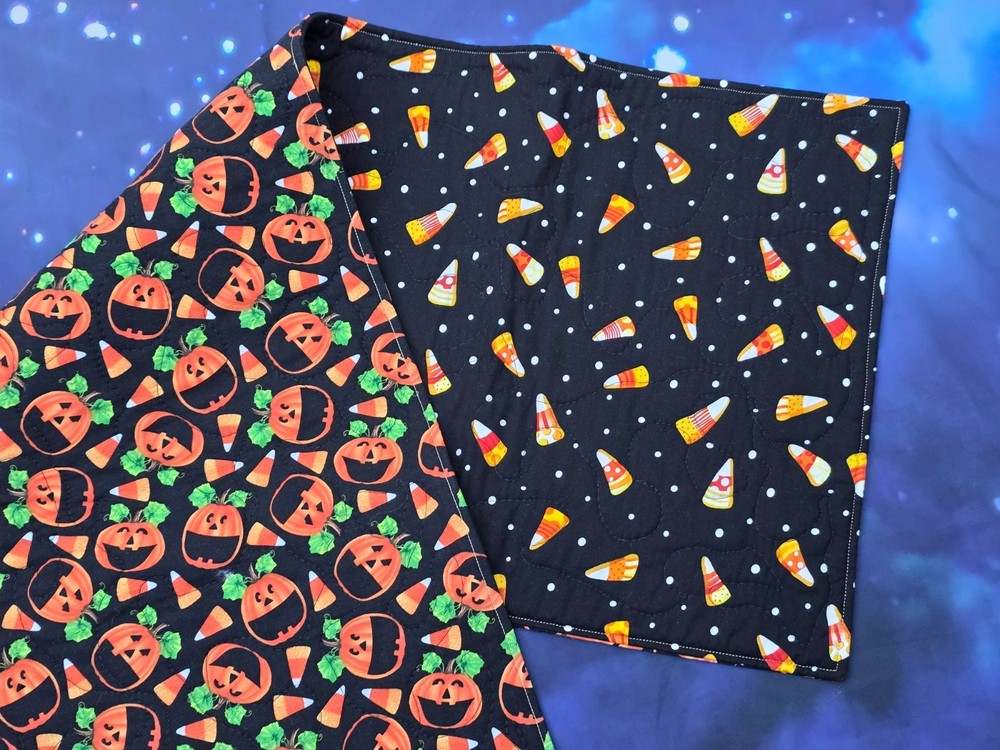 Handmade Quilted Table Runner Halloween Pumpkins candy corn fall reversible