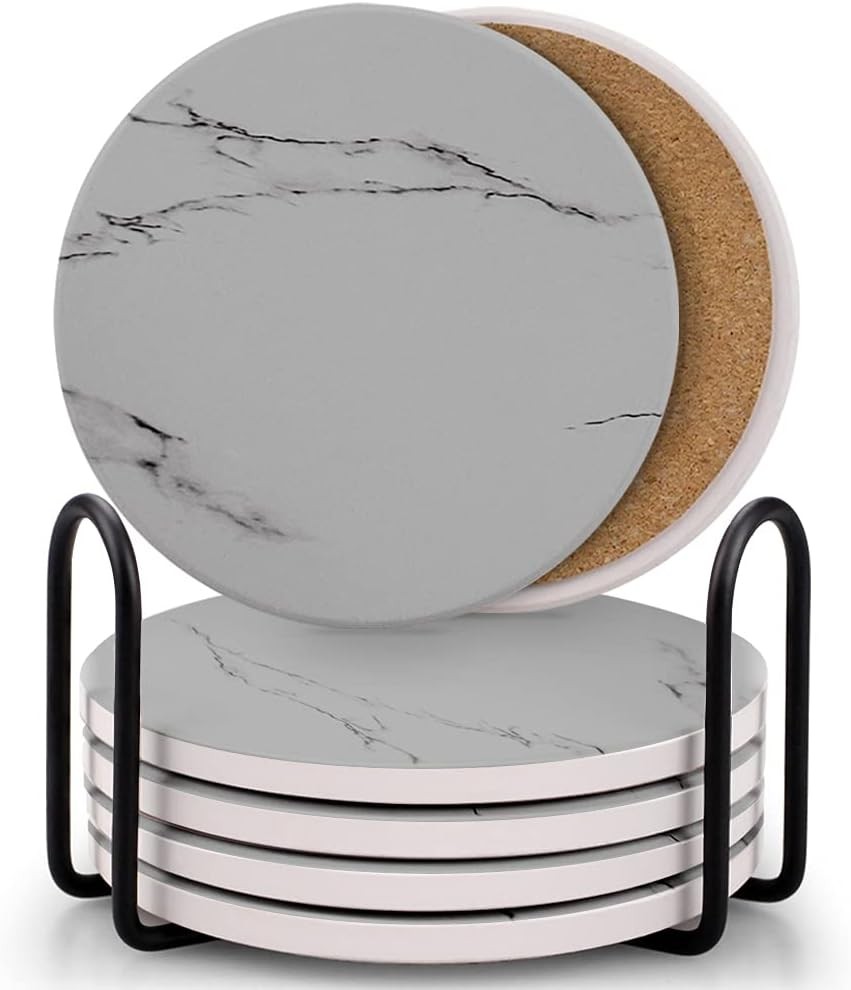 Coasters for Drinks, Absorbent Ceramic Stone Set with Metal Gray