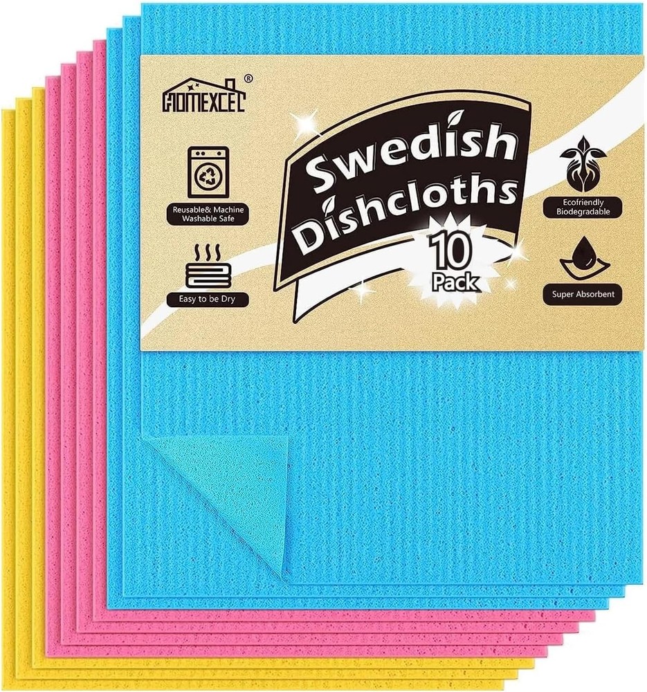 HOMEXCEL Swedish Dishcloths for Kitchen 10 Pack, Sponge Dish Cloth for Counters