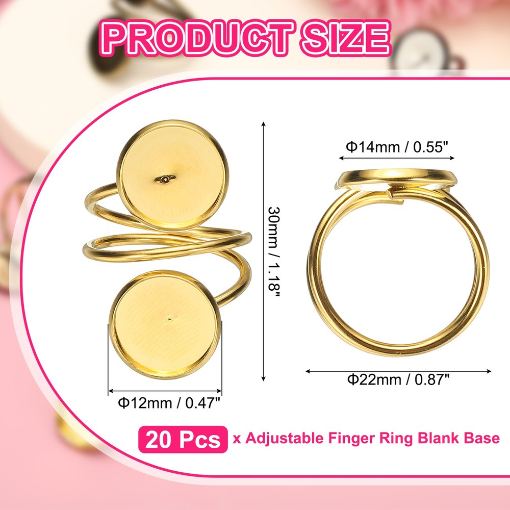 Ring Blank, 20 Pcs Adjustable Finger Ring Blank Base 12mm, Gold