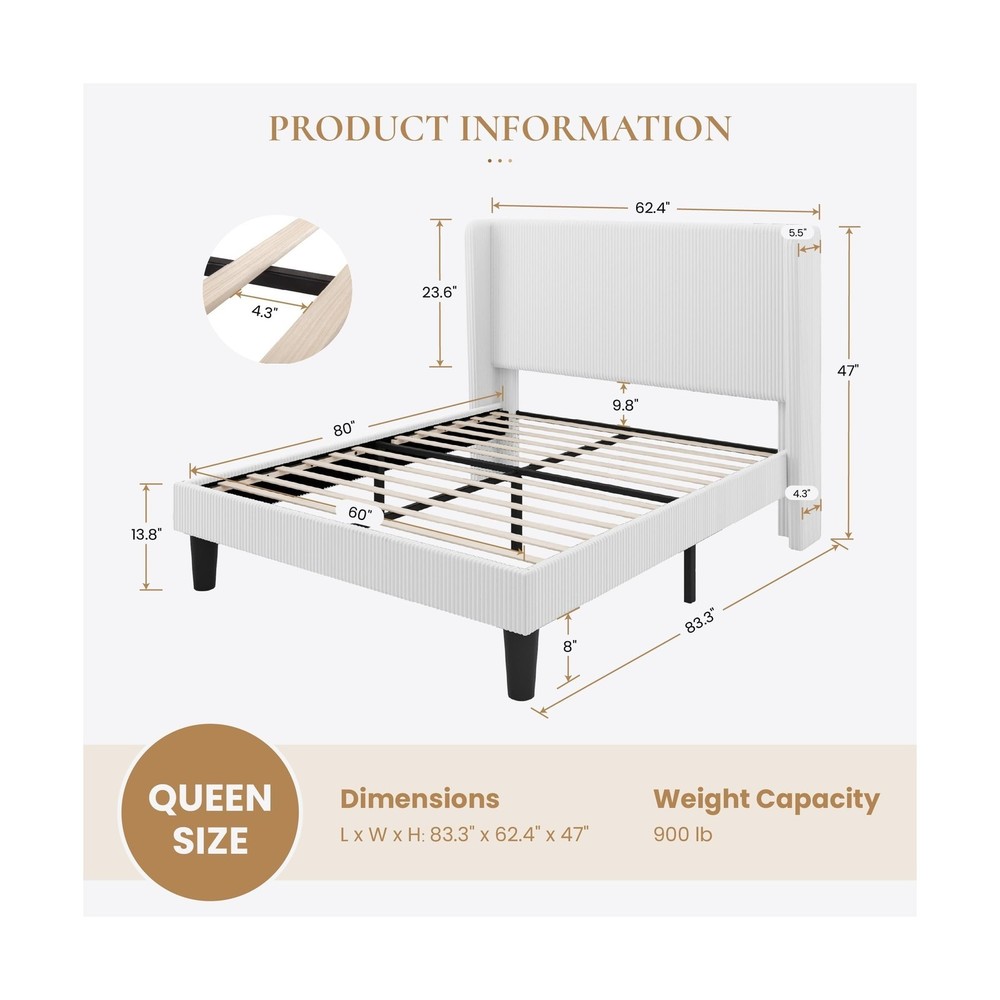 SHA CERLIN Queen Size Corduroy Upholstered Platform Bed Frame with Vertical C...