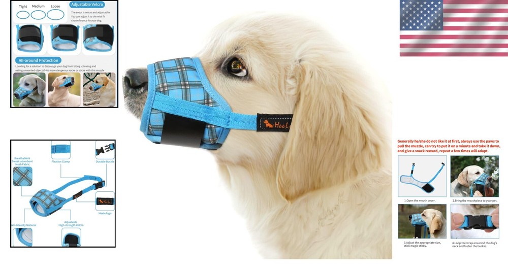 Comfortable Soft Nylon Dog Muzzle with Drinking Capability - Large P-Blue Plaid