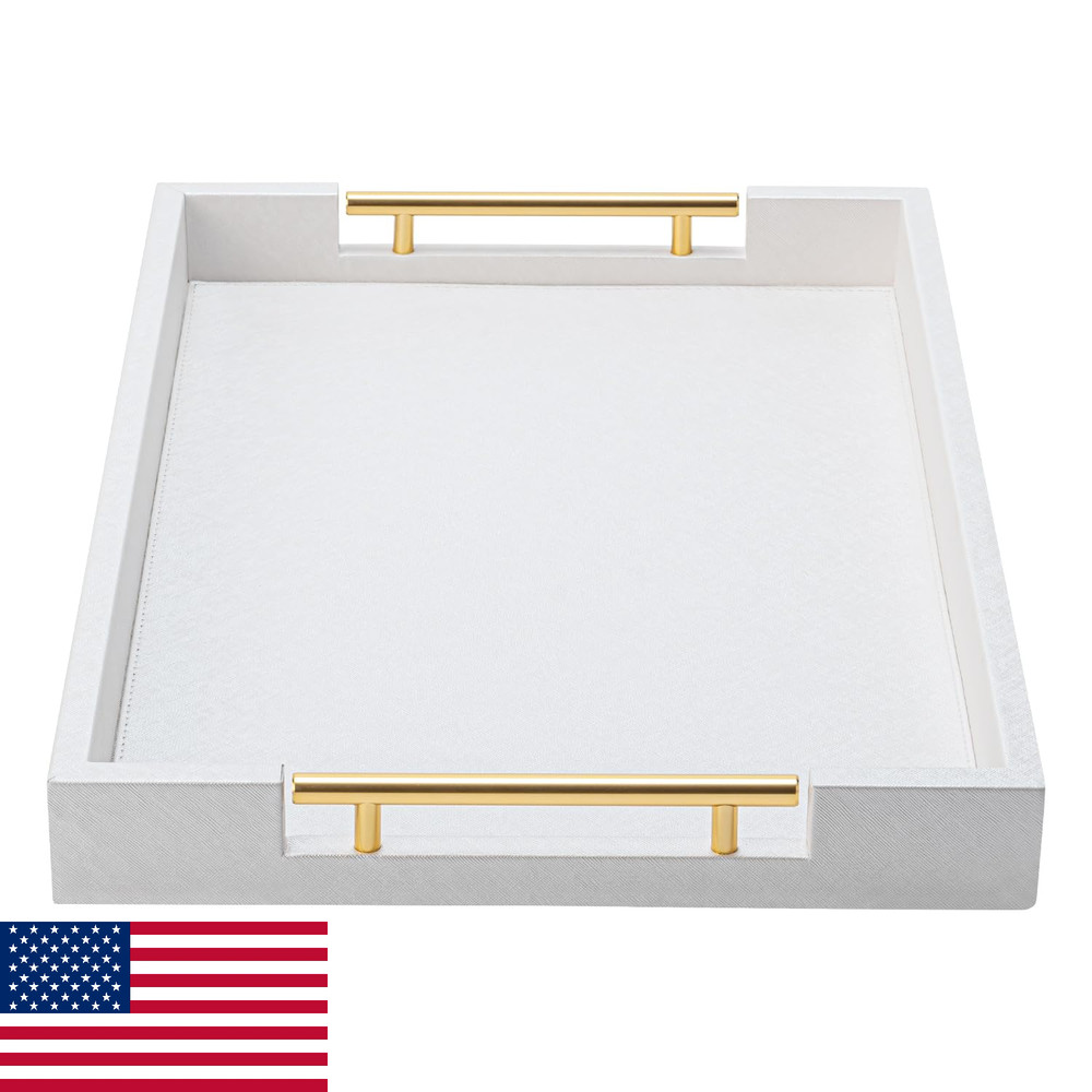 White Leather Decorative Coffee Table Ottoman Tray - Modern Large Rectangle Serv