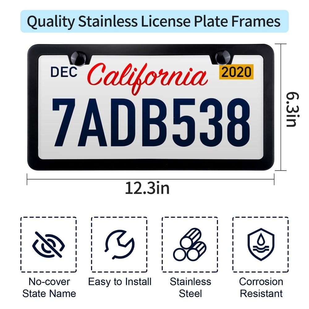 License Plate Frames Black 2 Pack Rustproof Stainless Steel License Plate Holder