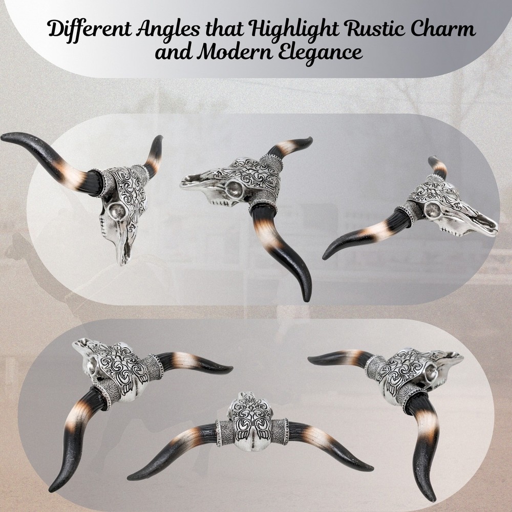 Mini Tooled Bull Skull Wall Sculpture | Silver Scrolls Design