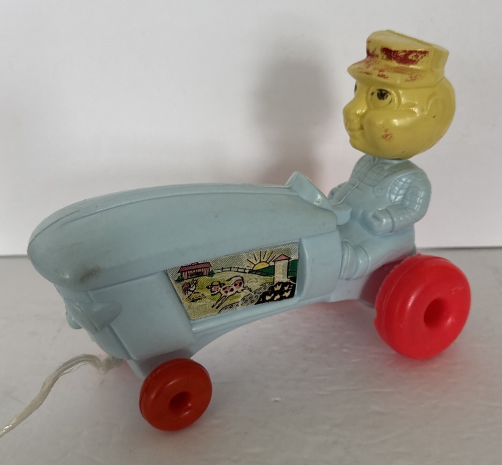 Empire Tractor Farmer Bobble Head Pull Toy Blow Mold Original Pull String Rare
