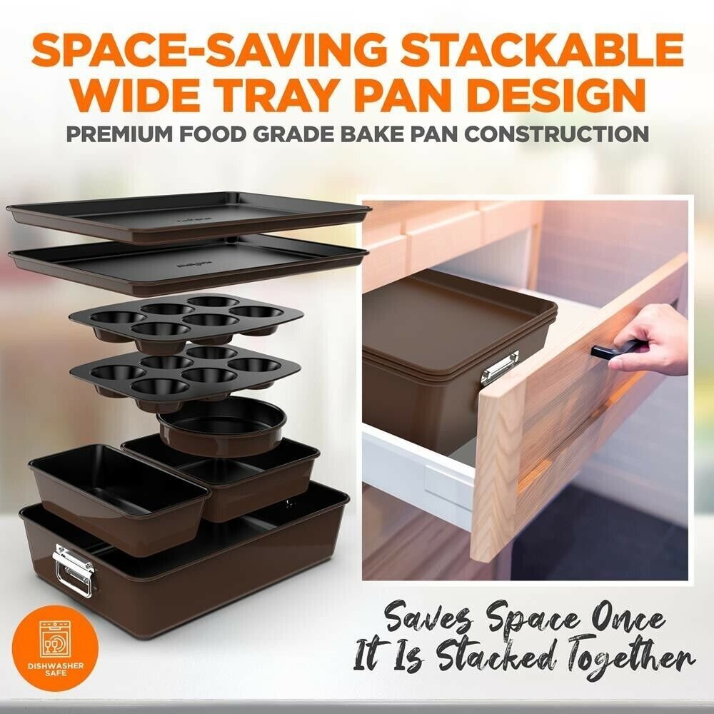 NutriChef 8pcs. Stackable Carbon Steel Bakeware Sets Non-Stick Coating (Brown)