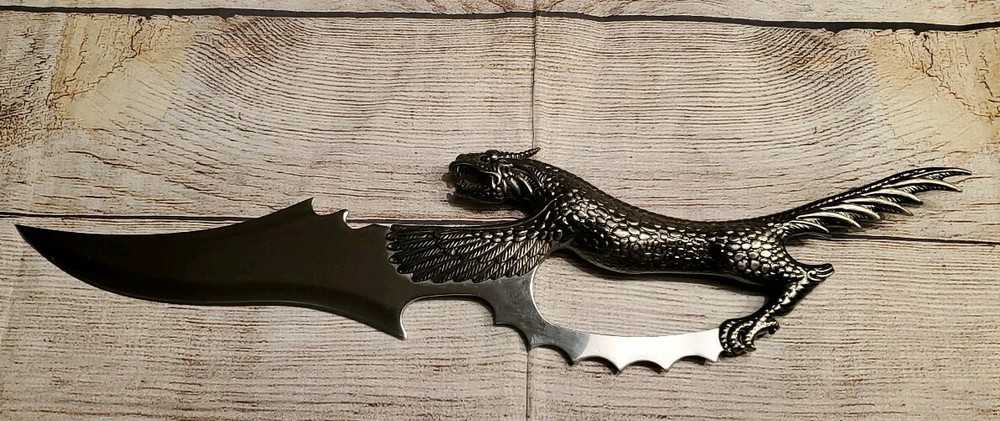 Large Bladed Dagger with a Dragon Handle and Footed Stand