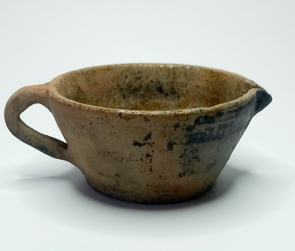 Antique clay cup with handle and spout - Handmade ceramic tableware.