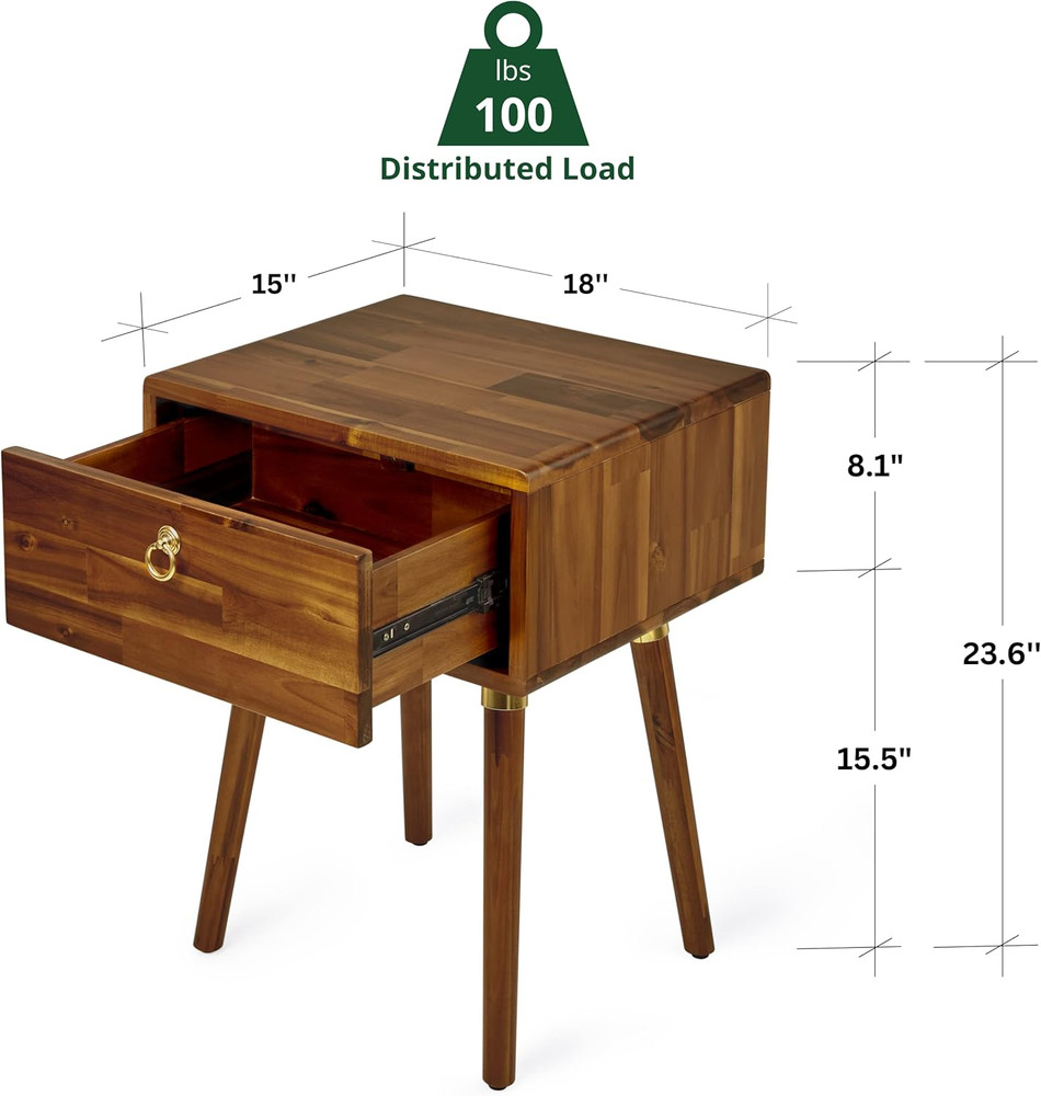 Selina King Bed Frame & Caden Solid Wood Nightstand, Caramel Finish