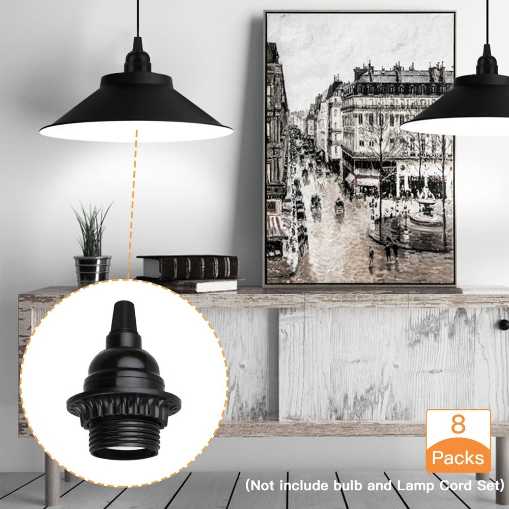 8 Pack E26 E27 Light Sockets, Black Medium Screw Base with Shade Ring, Retro ...