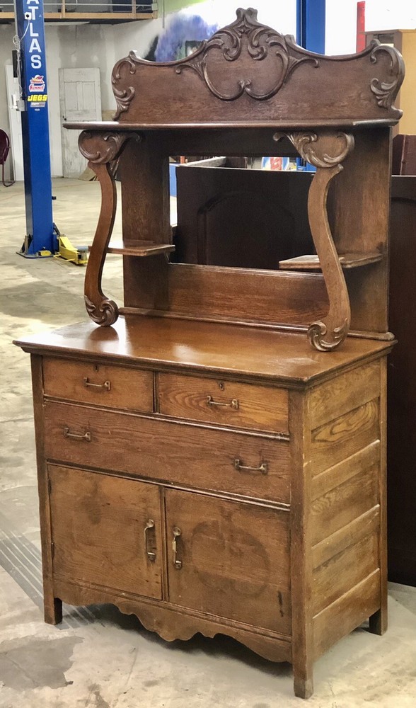 Antique Solid Oak Victorian Back Bar Sideboard Buffet Server w/ Mirror Ca. 1900