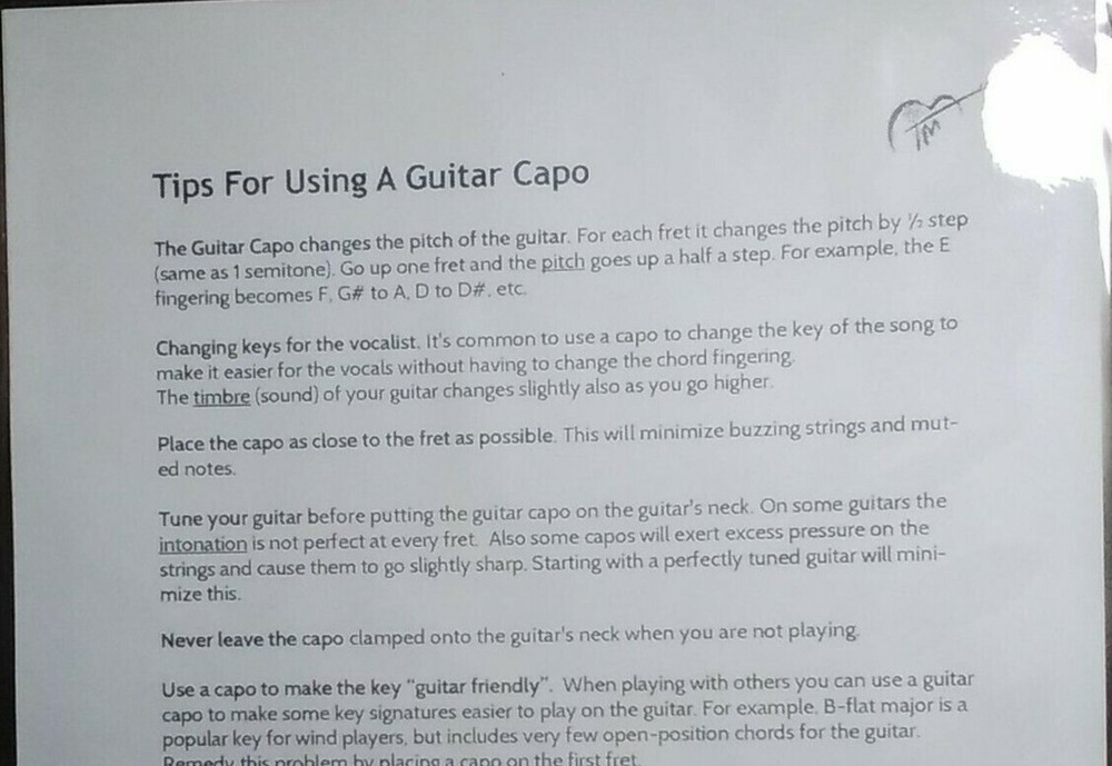Guitar Capo Chart & Tips for using a Guitar Capo - Double Sided ~ Laminated ~