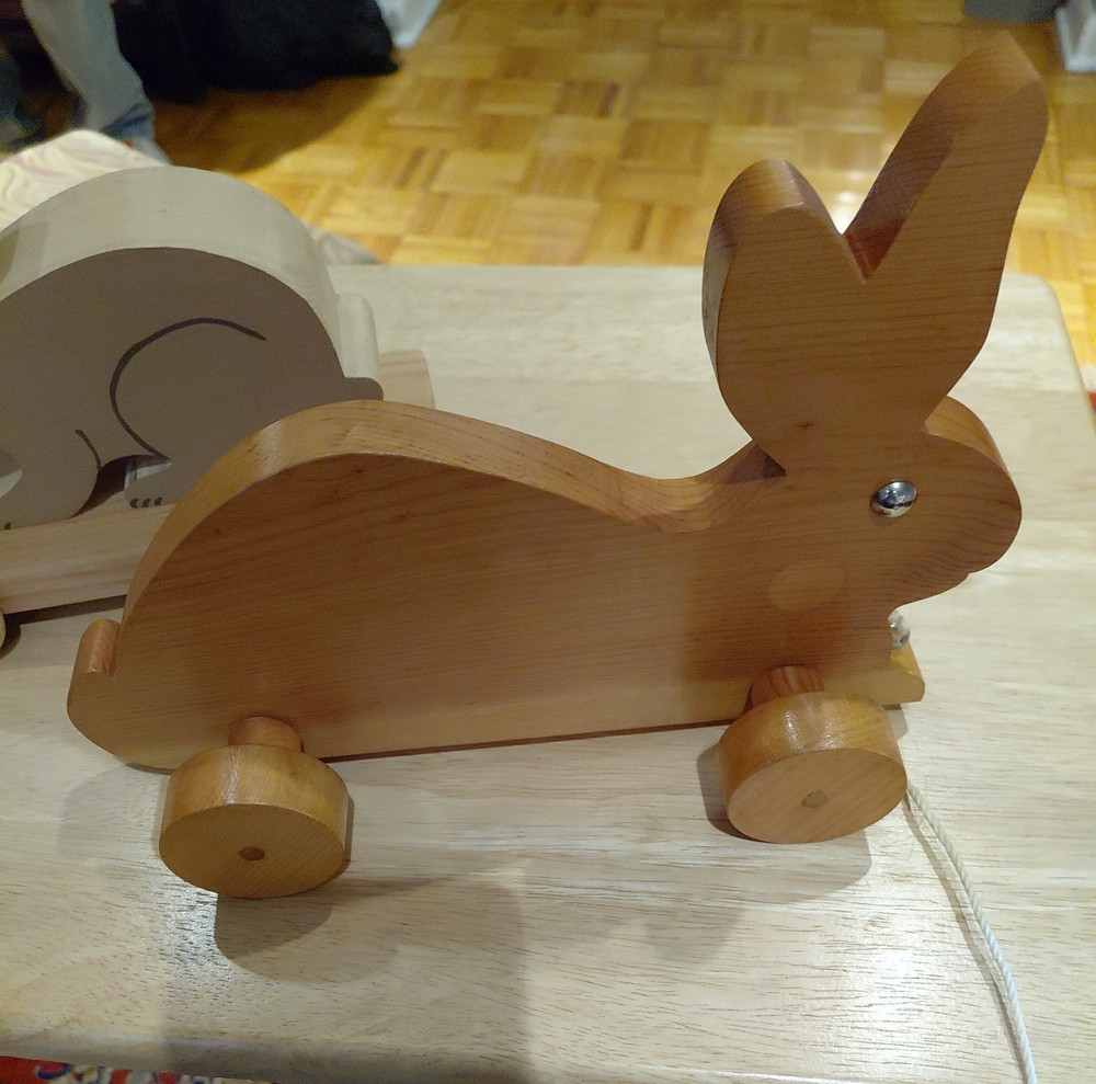 2 Wooden Vintage Rabbit Bunny Pull Toy Handmade Easter Spring