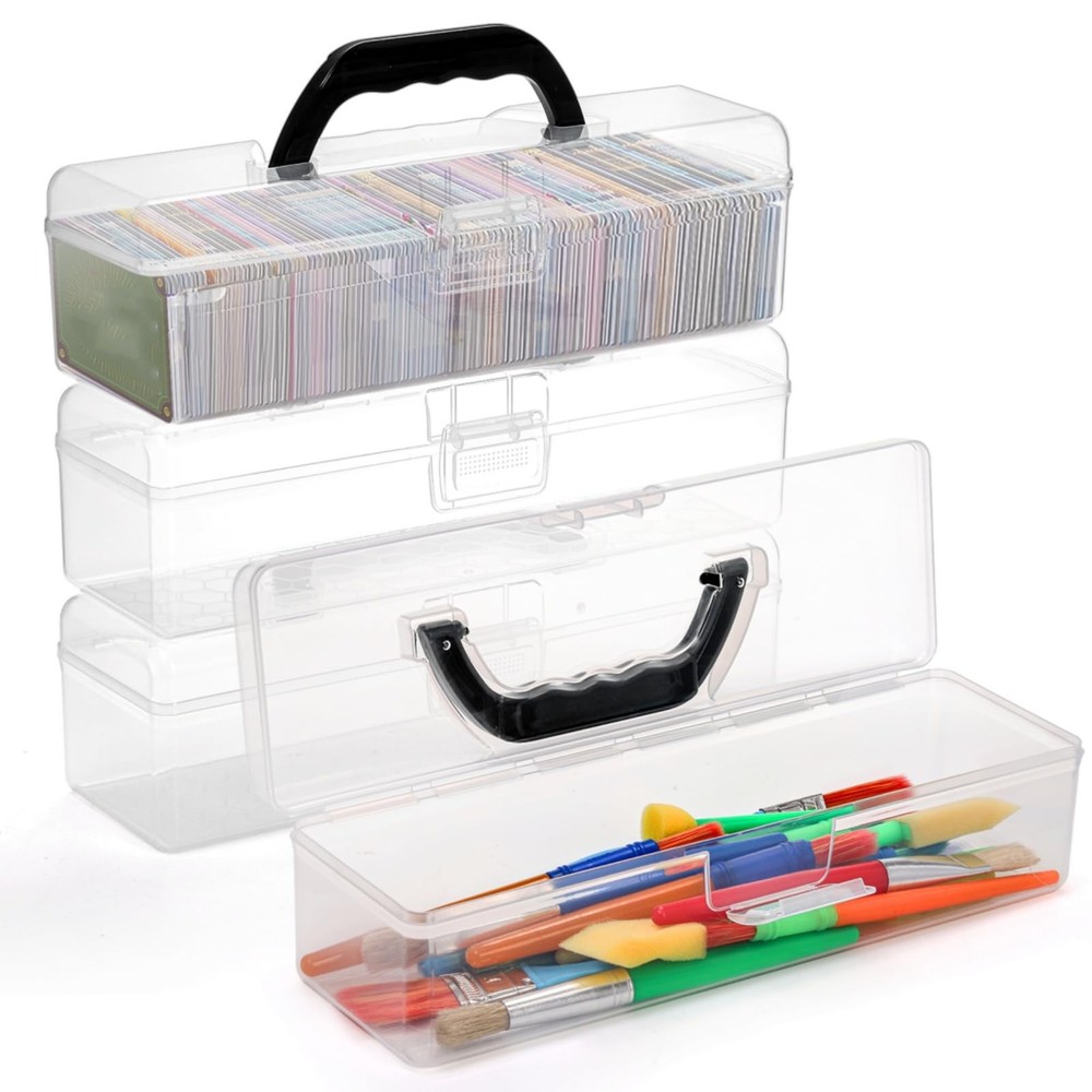 4 Pack Long Plastic Pencil Box, Stackable Trading Playing Card Storage Organi...