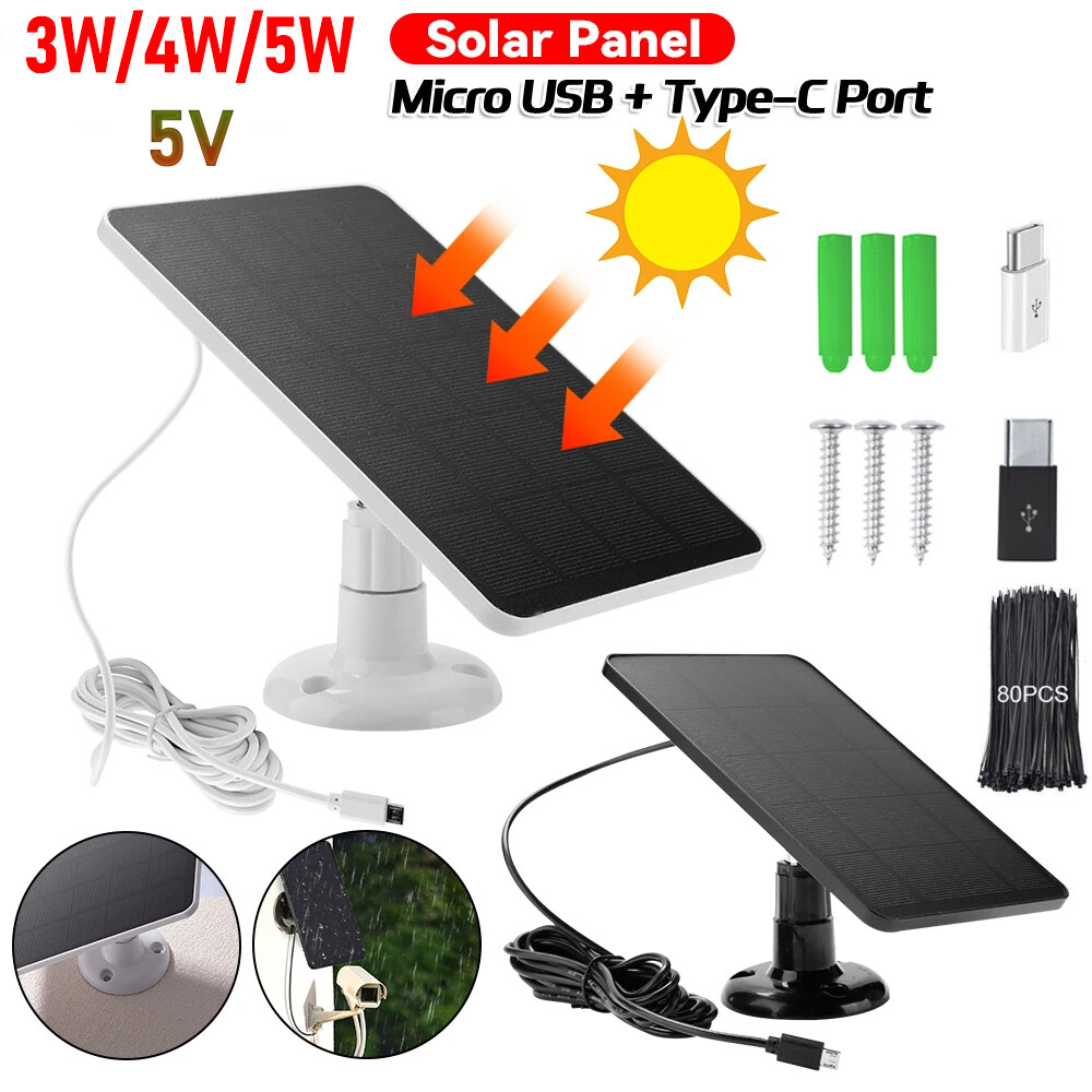 Solar Battery Charger Micro USB+Type-C Charging Solar Panel for Security Camera