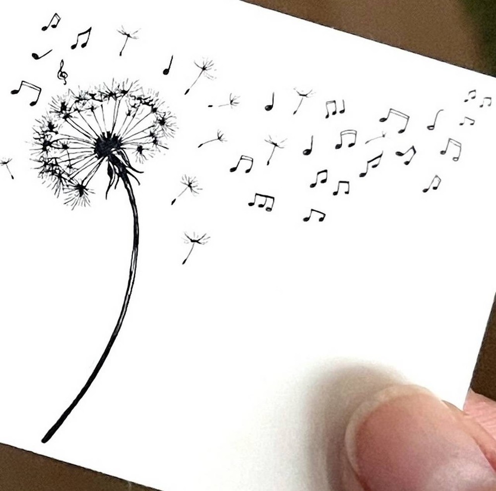 Temporary tattoo sheet Flying Notes Dandelions, Tiny Black Dandelion Tattoos