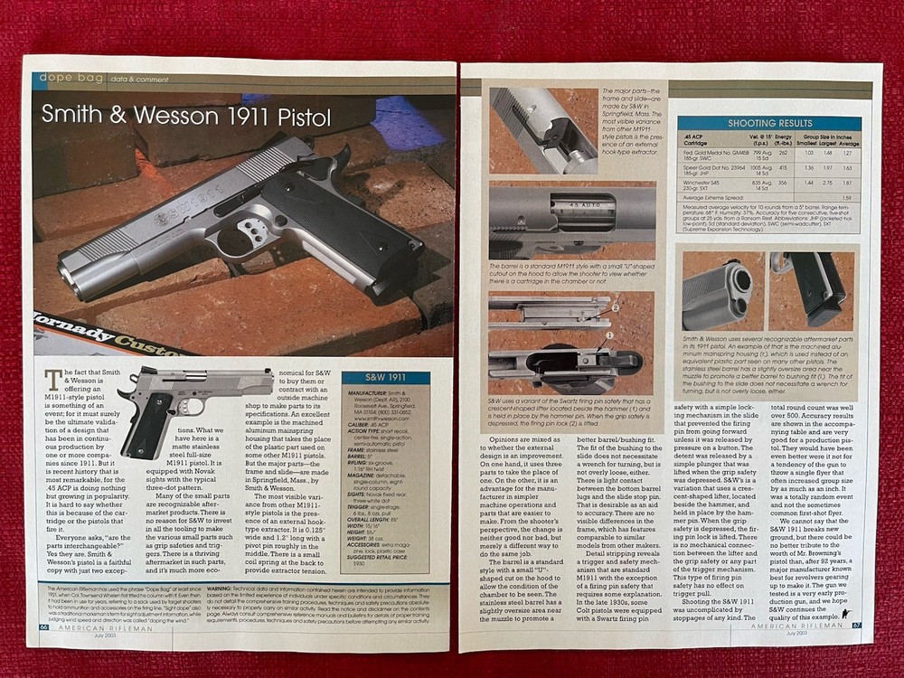 2003 Magazine Article/Print Ad Smith & Wesson 1911  Gun Specifications & Info