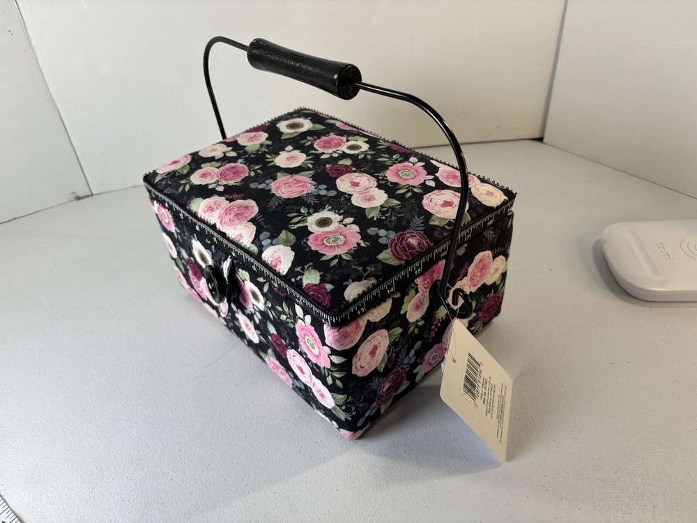 Sewing Basket Handle Tray Button Snap Close Padded Fabric Outer w/accessories.