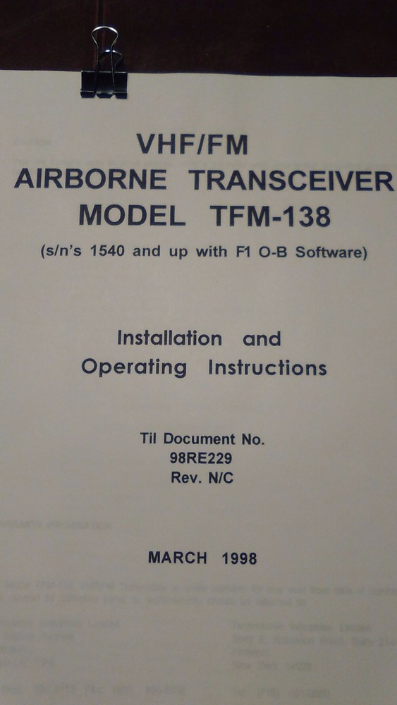 Technisonic VHF FM Model TFM-138 Install & Operator's Manual