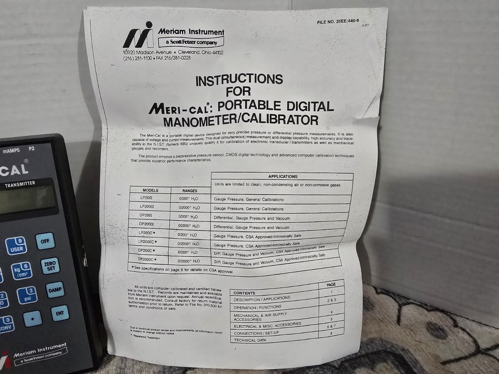 Meri-Cal LP2000I Digital Manometer/Calibrator With Case