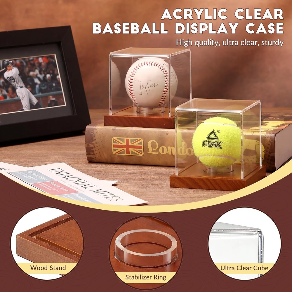 JupDec Baseball Display Case - Clear Cube Holder with 1 Pack, Brown