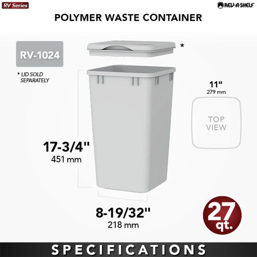 Rev-A-Shelf Polymer Replacement 27 Quart Trash Bin, White, 2 Pack, RV-1024-11-2